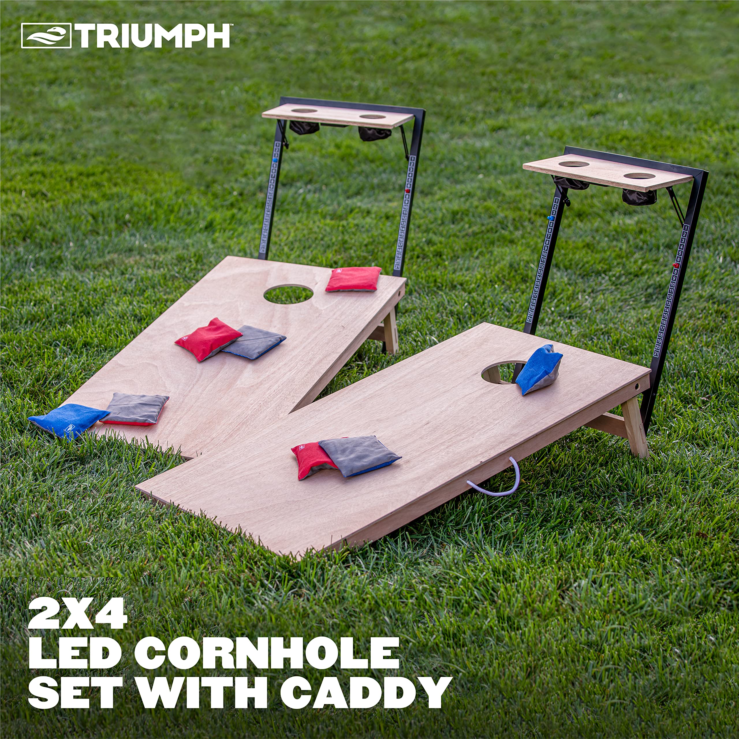 Triumph Sports LED 2x4 Cornhole Boards - Caddy Set and Grey and Blue