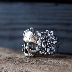 FEBRUBY - Gothic Mexican Flower Sugar Skull Rings Women Stainless Steel Punk Flowers Ring Jewelry