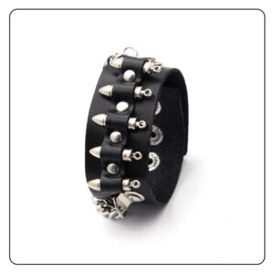 Fusamk Punk Rock Snap Bracelet Bullet Chain Wristband Wide Leather Cuff Bracelet(Black)