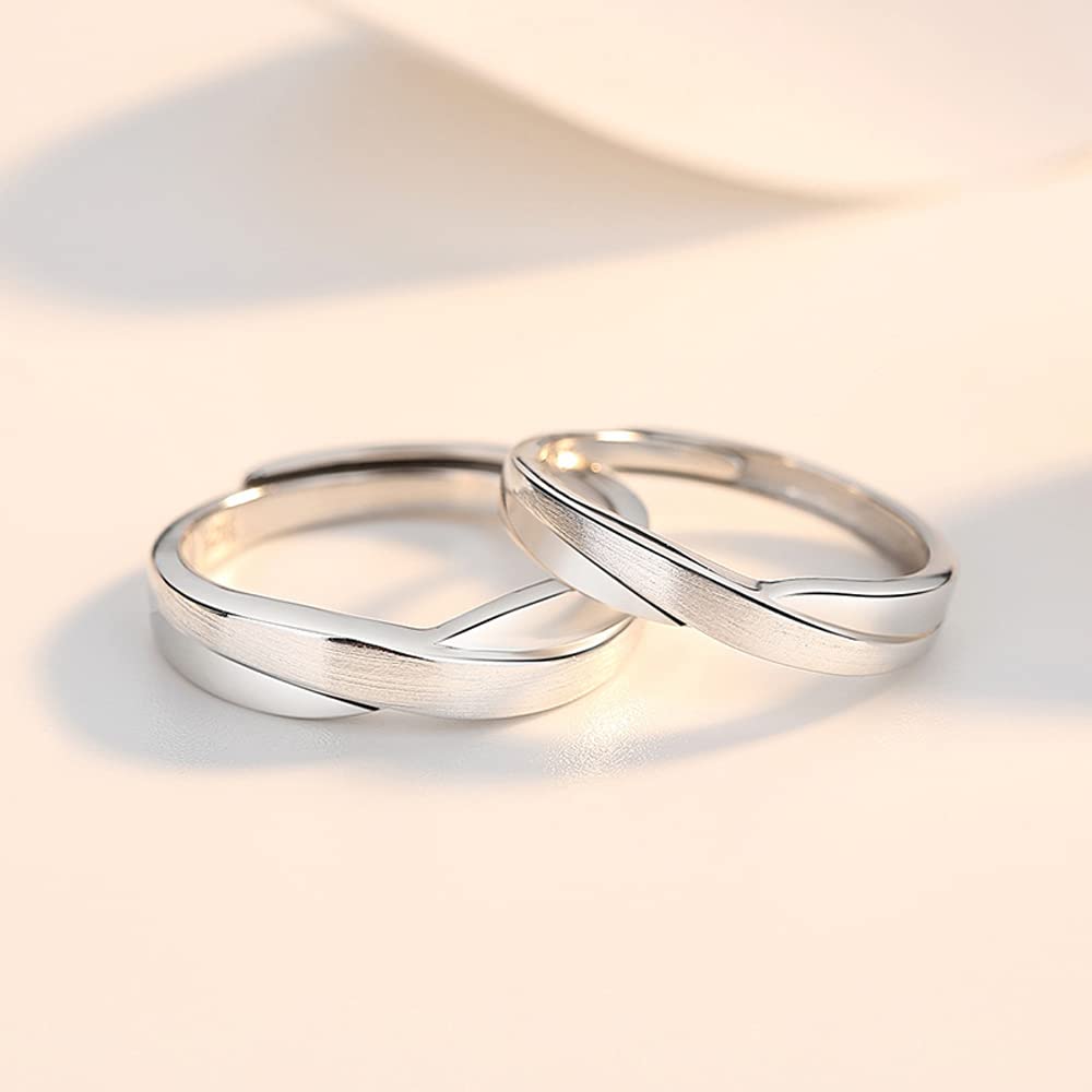 MIKAMU overlapping Couple Rings 925 Sterling Silver Adjustable Open Rings Engagement Pair Rings Rings for Men Rings for Women Wedding Promise Engagement Anniversary Ring ((Couple Rings) 2 pcs)