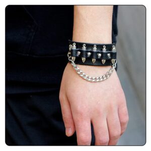 Fusamk Punk Rock Snap Bracelet Bullet Chain Wristband Wide Leather Cuff Bracelet(Black)