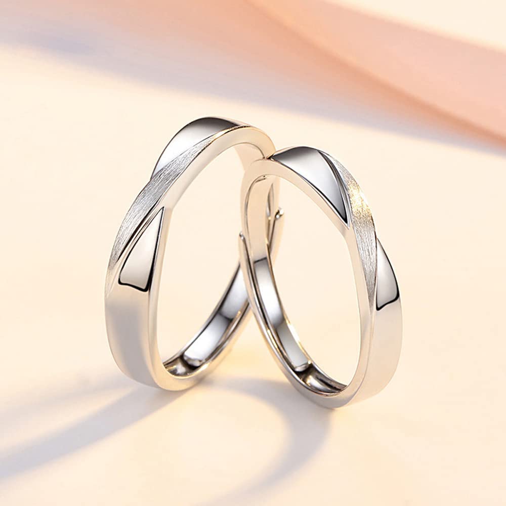 MIKAMU overlapping Couple Rings 925 Sterling Silver Adjustable Open Rings Engagement Pair Rings Rings for Men Rings for Women Wedding Promise Engagement Anniversary Ring ((Couple Rings) 2 pcs)