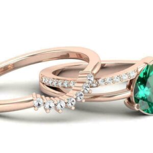 3.00 Ct Pear & Round Cut Green Emerald Diamond Engagement Wedding Women's Trio Ring Set 14k Rose Gold Finish (10.5)