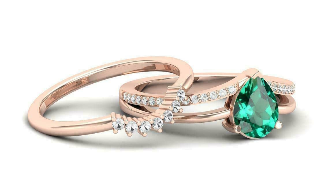 3.00 Ct Pear & Round Cut Green Emerald Diamond Engagement Wedding Women's Trio Ring Set 14k Rose Gold Finish (10.5)