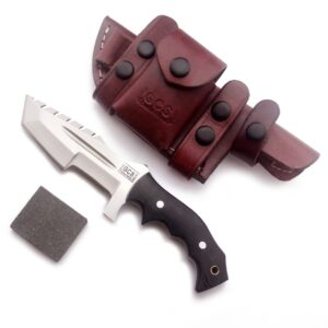 gcs handmade d2 steel hunting tracker with black micarta handle, fixed blade knife with right hand scout carry, buffalo leather sheath - gcs 172s