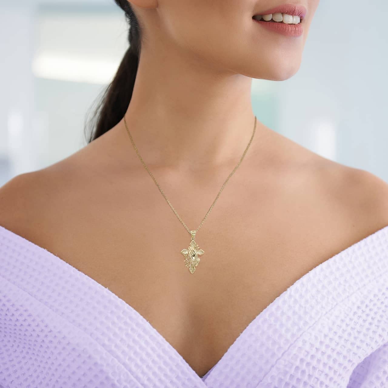 Solid 10k Yellow Gold Cross with Praying Hands and Rosary Pendant