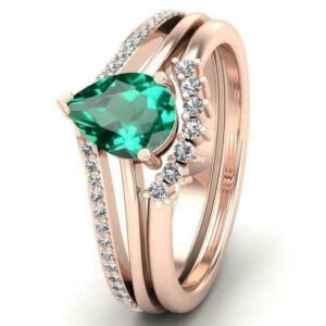 3.00 Ct Pear & Round Cut Green Emerald Diamond Engagement Wedding Women's Trio Ring Set 14k Rose Gold Finish (10.5)