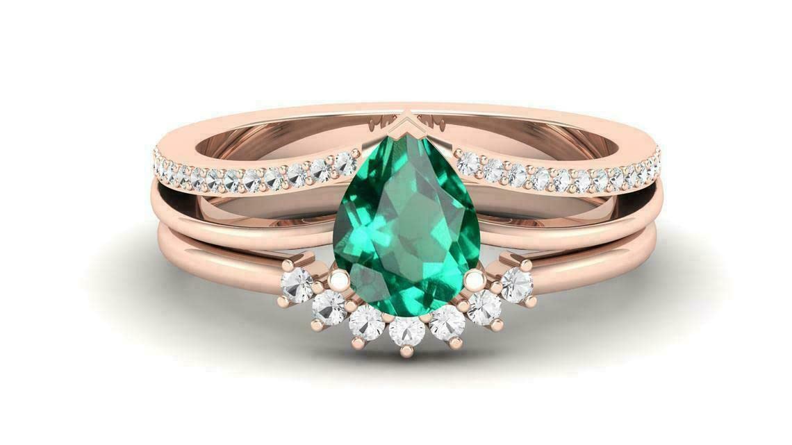 3.00 Ct Pear & Round Cut Green Emerald Diamond Engagement Wedding Women's Trio Ring Set 14k Rose Gold Finish (10.5)