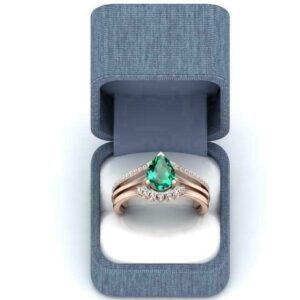 3.00 Ct Pear & Round Cut Green Emerald Diamond Engagement Wedding Women's Trio Ring Set 14k Rose Gold Finish (10.5)