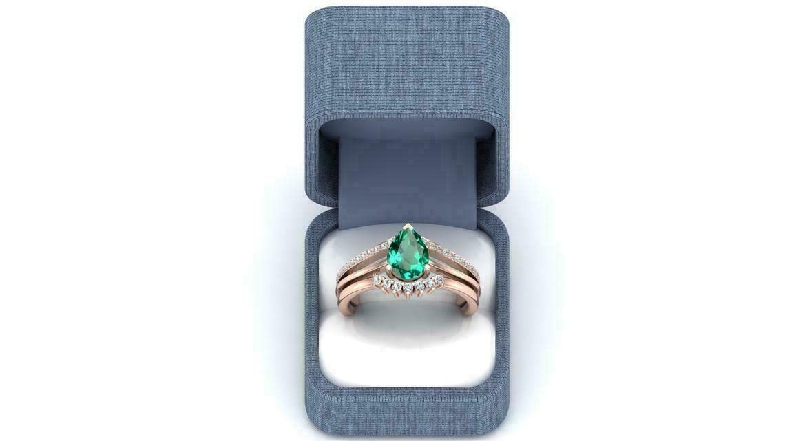 3.00 Ct Pear & Round Cut Green Emerald Diamond Engagement Wedding Women's Trio Ring Set 14k Rose Gold Finish (10.5)