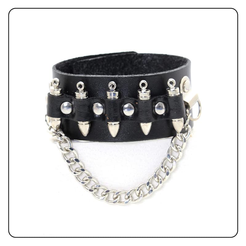 Fusamk Punk Rock Snap Bracelet Bullet Chain Wristband Wide Leather Cuff Bracelet(Black)