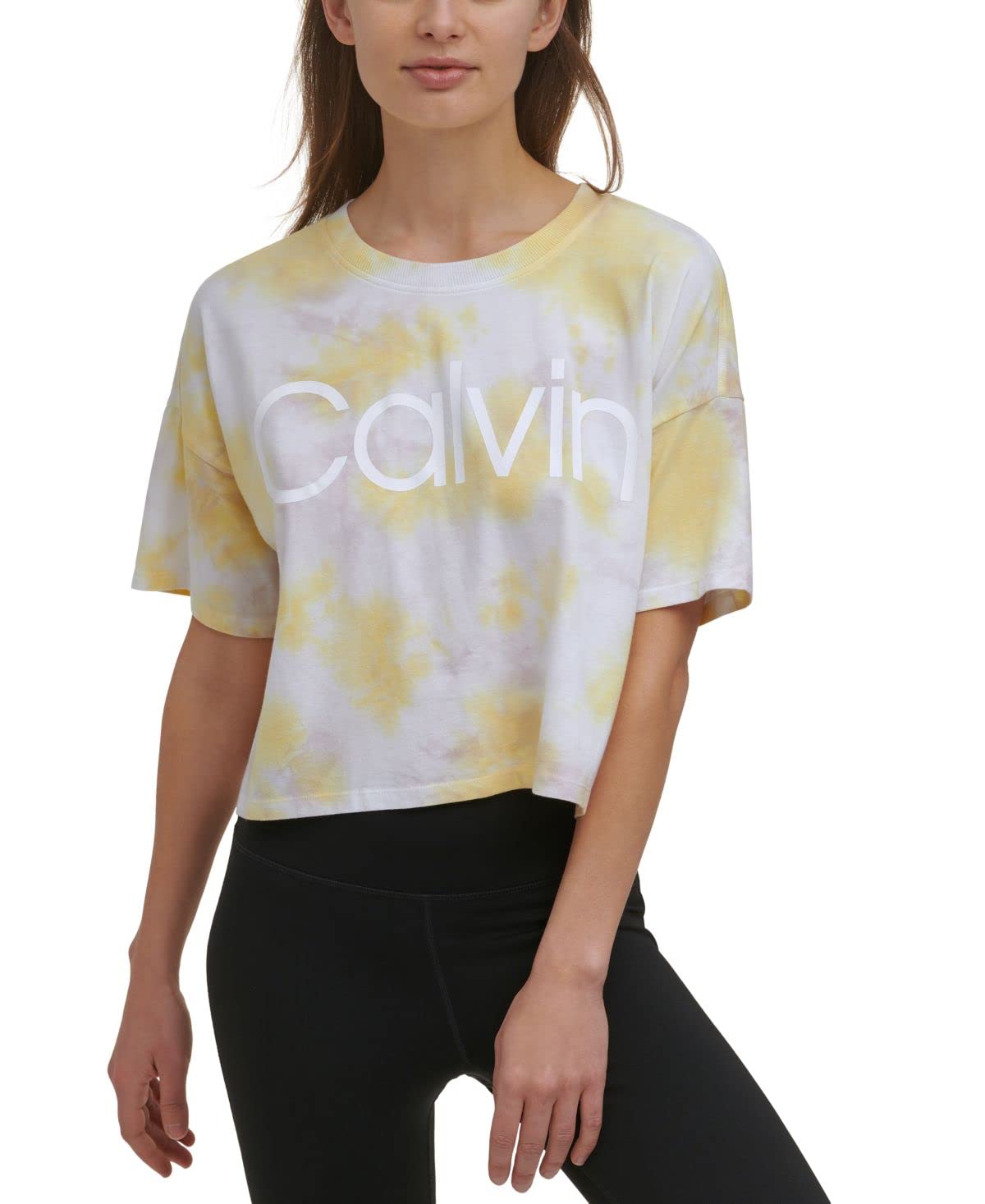 Calvin Klein Performance Cropped Tie-Dyed T-Shirt (Small) Yellow