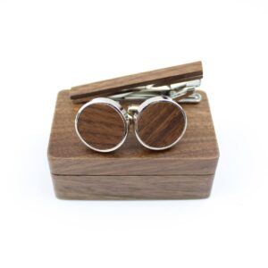 Rustic Walnut Wooden Round Cufflinks Tie Clips Set for Men with Wooden Organizer Box