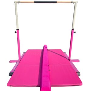 Athletic Bar Expandable Gymnastics Kip Bar 3 in 1 Set with Balance Beam, 6'x4' Mat for Kids, Horizontal Bar Junior Gymnastic Training Exercise for Gymnast Home Gym Height Adjustable 3 to 5 FT (Pink)