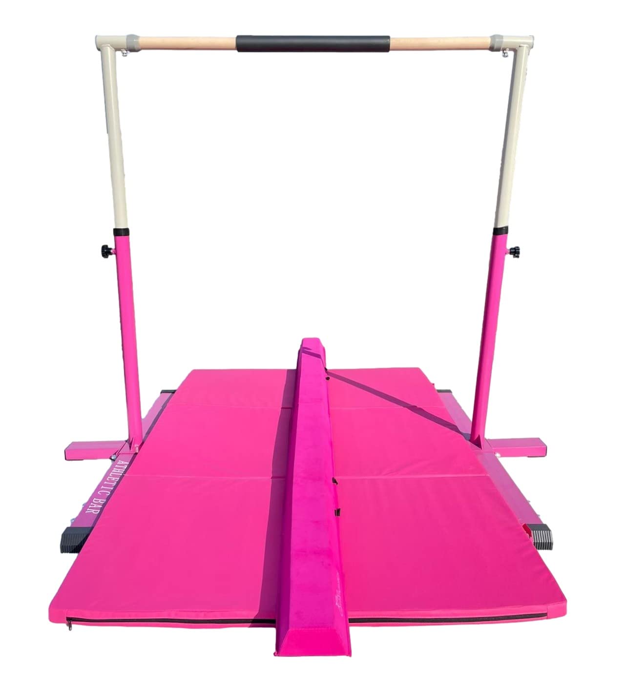 Athletic Bar Expandable Gymnastics Kip Bar 3 in 1 Set with Balance Beam, 6'x4' Mat for Kids, Horizontal Bar Junior Gymnastic Training Exercise for Gymnast Home Gym Height Adjustable 3 to 5 FT (Pink)