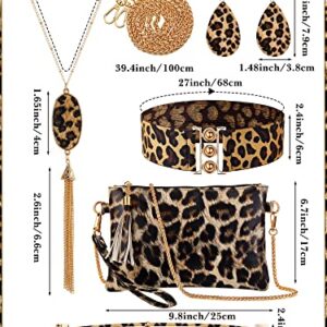 Junkin 6 Pcs Leopard Jewelry Gift Set for Women, Earrings Bracelets Multilayer Leather Cuff Clutch Purse Stretch Belt for Party Event(Leopard,Yellow, Black)