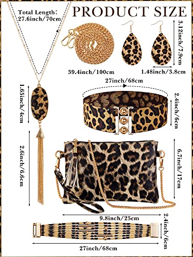 Junkin 6 Pcs Leopard Jewelry Gift Set for Women, Earrings Bracelets Multilayer Leather Cuff Clutch Purse Stretch Belt for Party Event(Leopard,Yellow, Black)