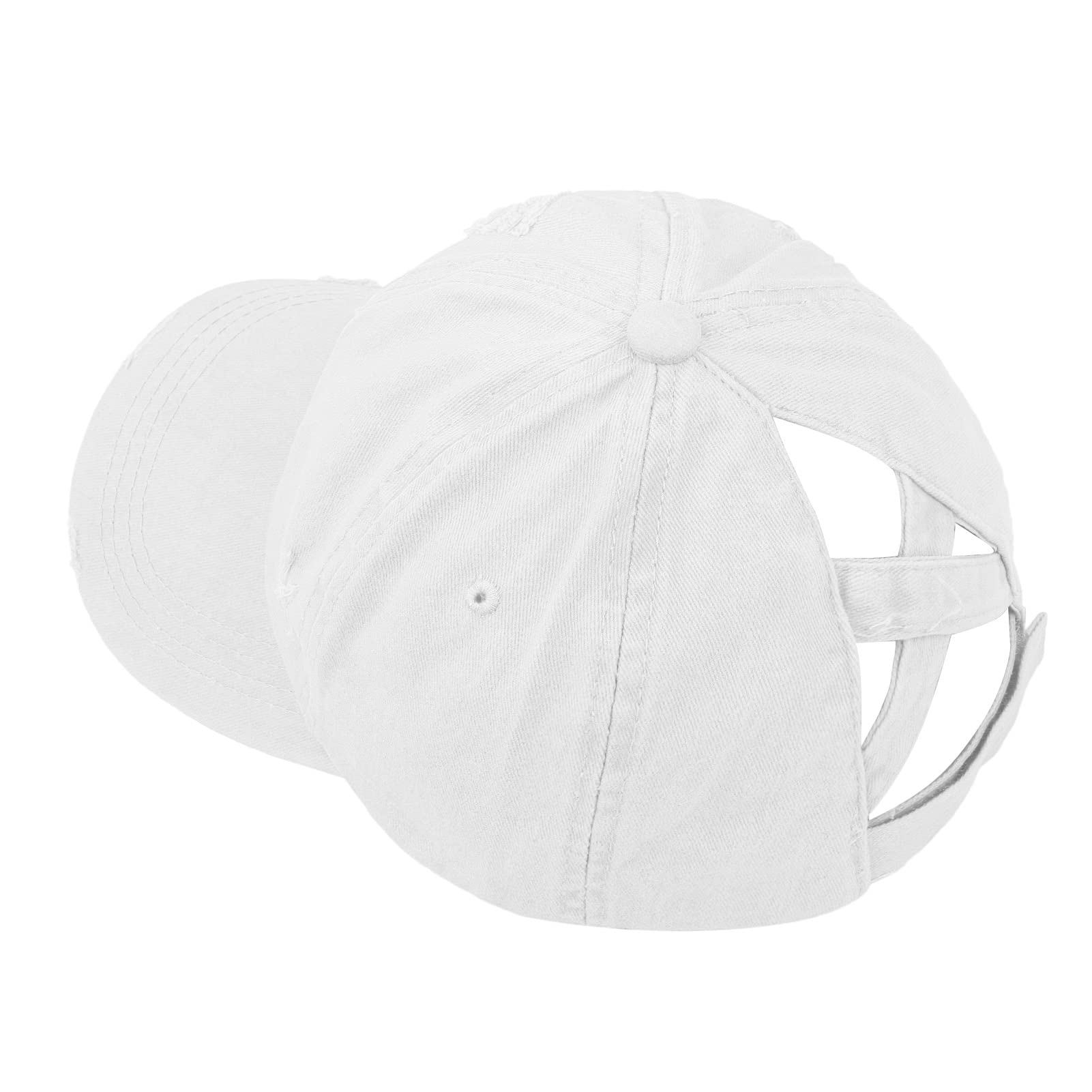 Criss Cross Distressed Baseball Cap Ponytail Hat for Women & Man, Adjustable Washed Plain Retro Ball Cotton Unstructured Caps White