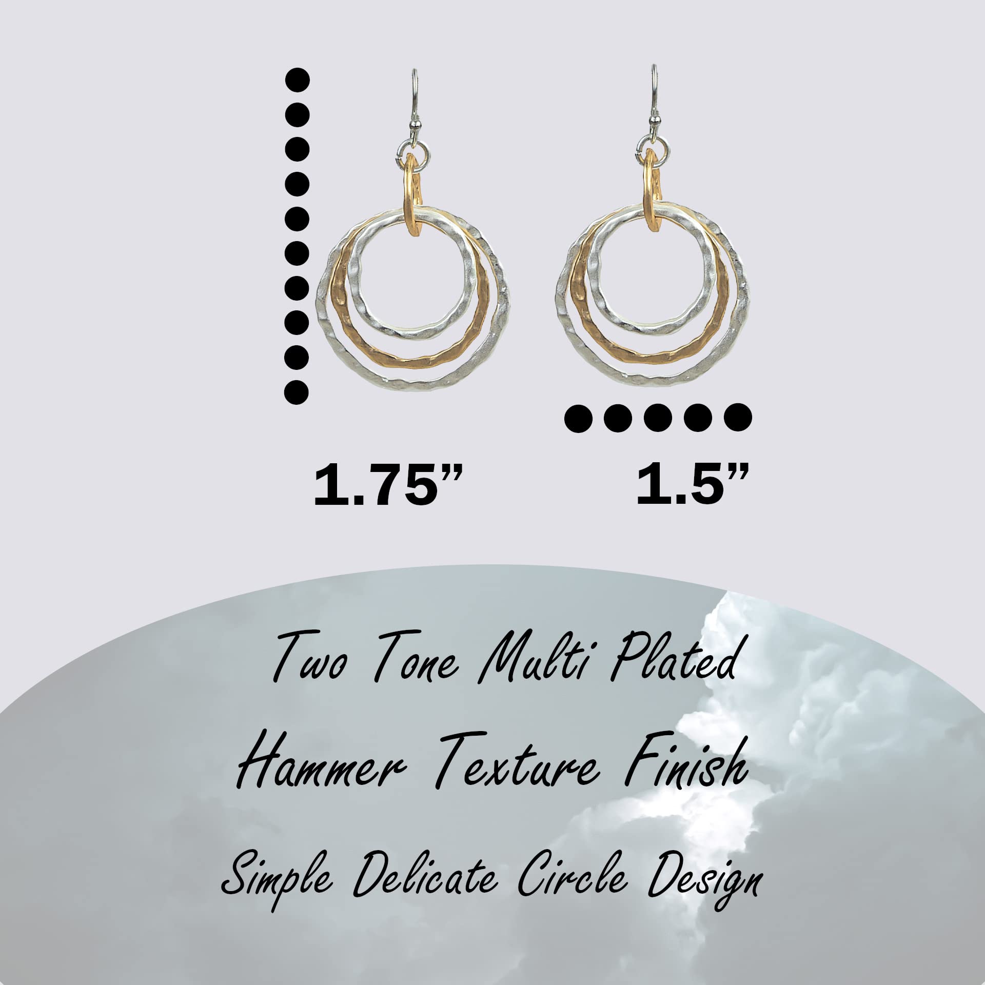 Bohemian Boho Round Circle Hoop Dangle Drop Earrings for Women – Delicate – Hammer Texture – Matte Plated – with Gift Box Included (MATTE SILVER & GOLD TWO TONE - MULTI-CIRCLE DROP)