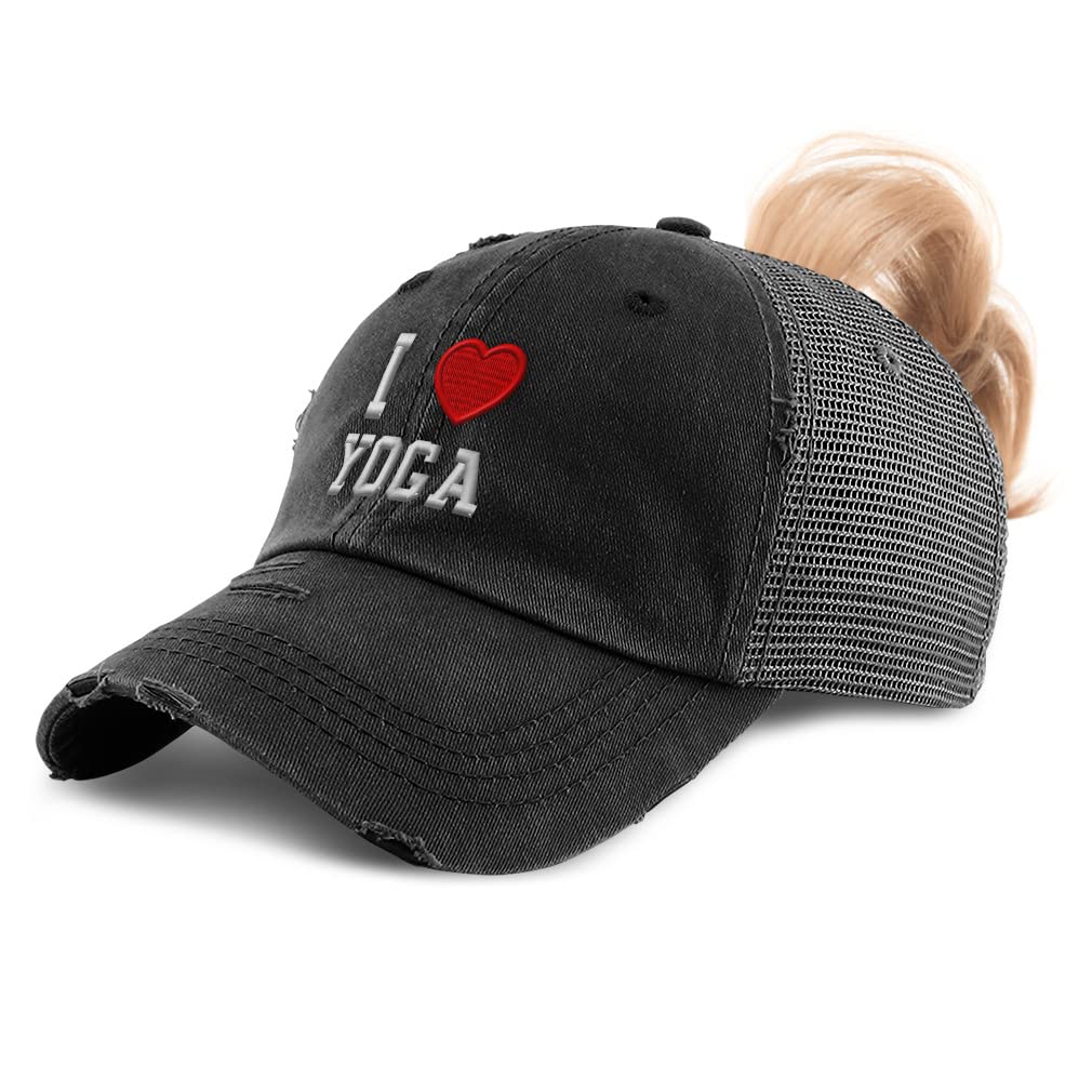 Womens Ponytail Cap I (Love) Yoga Red Heart Sports Lovers Other Sports Yoga Cotton Lovers Distressed Trucker Hats Black Design Only