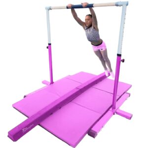 Athletic Bar Expandable Gymnastics Kip Bar 3 in 1 Set with Balance Beam, 6'x4' Mat for Kids, Horizontal Bar Junior Gymnastic Training Exercise for Gymnast Home Gym Height Adjustable 3 to 5 FT (Pink)