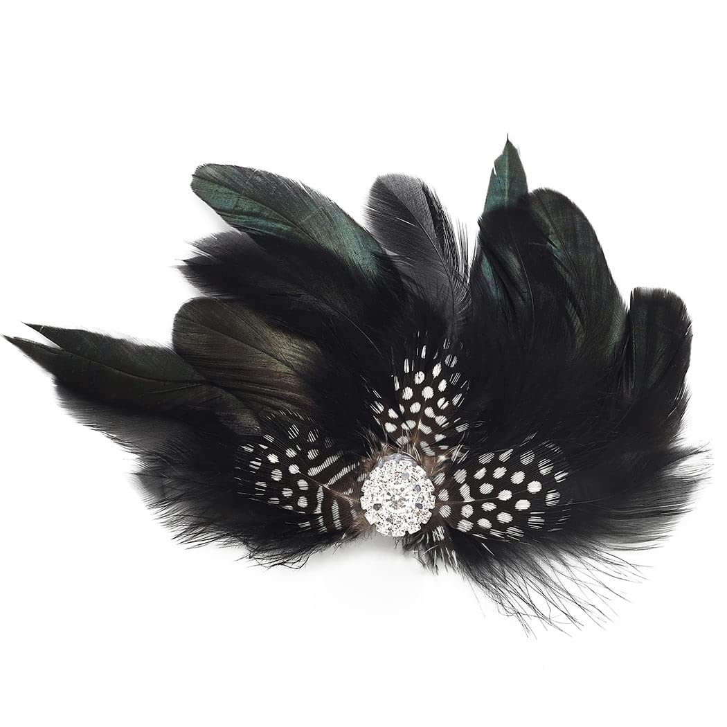 GENBREE Flapper Headpiece Black Feather Hair Clip Rhinestone 1920s Feather Headbands Prom Party Head Accessories for Women and Girls (Style 1)