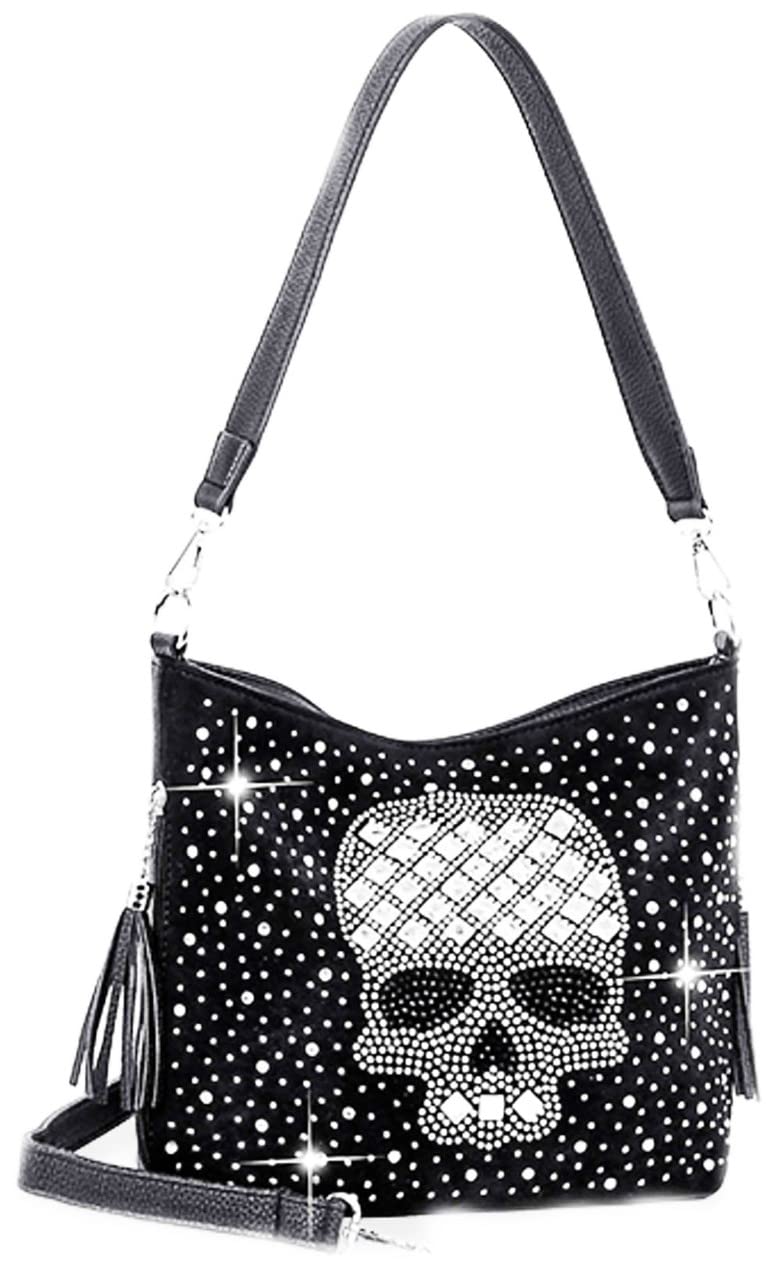 Zzfab Bold Stone Skull Rhinestones Crossbody Bag Little Hobo Black Bling purse