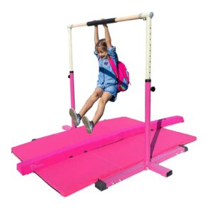 athletic bar expandable gymnastics kip bar 3 in 1 set with balance beam, 6'x4' mat for kids, horizontal bar junior gymnastic training exercise for gymnast home gym height adjustable 3 to 5 ft (pink)