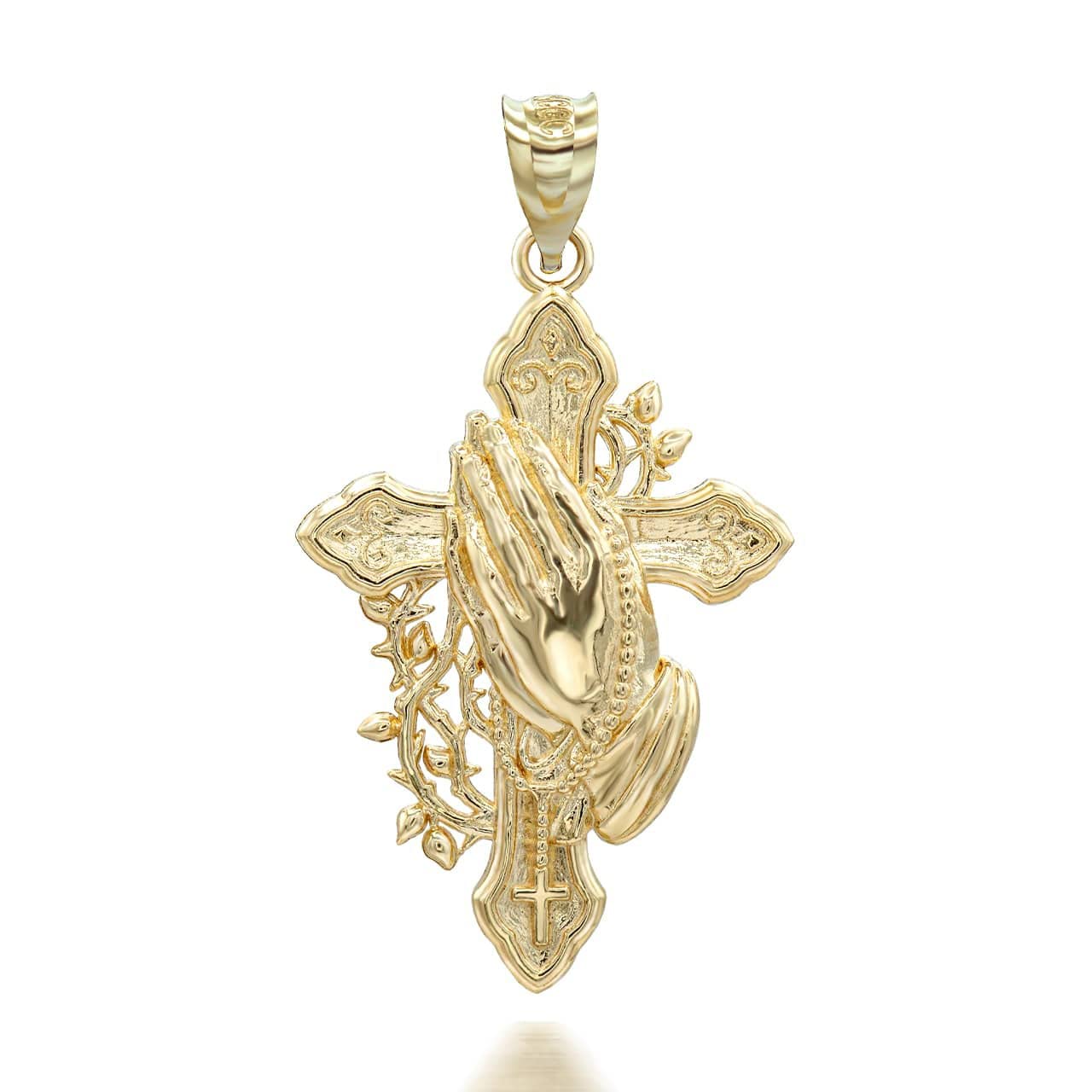 Solid 10k Yellow Gold Cross with Praying Hands and Rosary Pendant