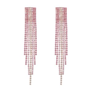 T-ztoss Elegant Rhinestone Crystal Bridal Chandelier Long Tassels Drop Dangle Earrings Sparkling Waterfall Tassel CZ Earrings for Wedding Prom Bride Bridesmaids (Pink)