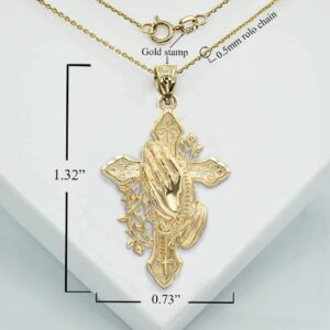 Solid 10k Yellow Gold Cross with Praying Hands and Rosary Pendant