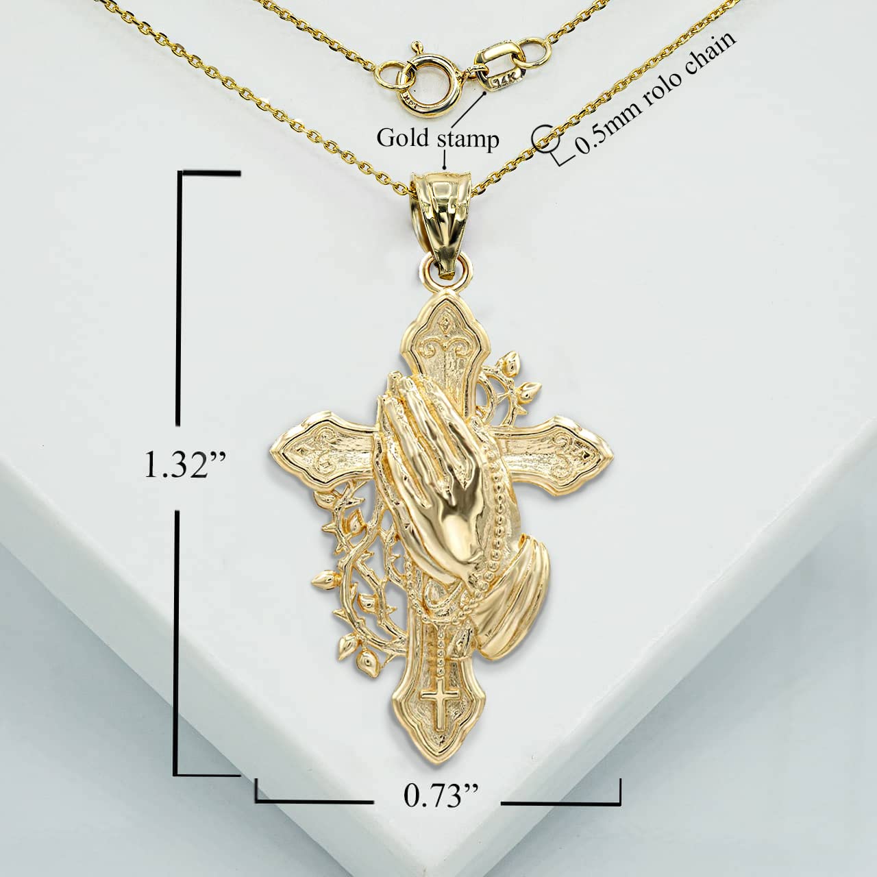 Solid 10k Yellow Gold Cross with Praying Hands and Rosary Pendant