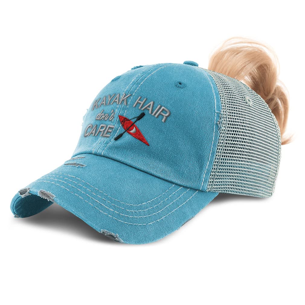 Womens Ponytail Cap Kayak Hair Don't Care Love Canoe Cotton Haircut Distressed Trucker Caps Turquoise Design Only