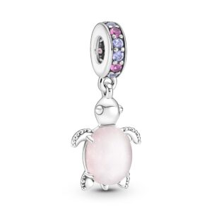 pandora murano glass pink sea turtle dangle charm - compatible moments bracelets - jewelry for women - gift for women - made with sterling silver & man-made crystal