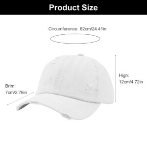 Criss Cross Distressed Baseball Cap Ponytail Hat for Women & Man, Adjustable Washed Plain Retro Ball Cotton Unstructured Caps White