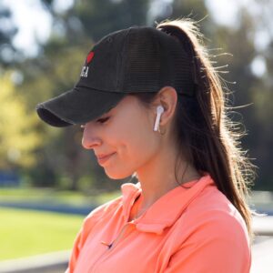 Womens Ponytail Cap I (Love) Yoga Red Heart Sports Lovers Other Sports Yoga Cotton Lovers Distressed Trucker Hats Black Design Only