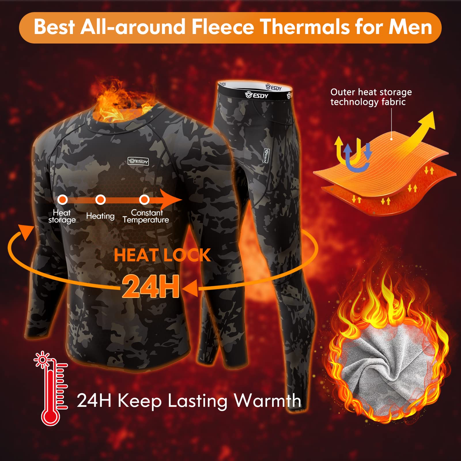 Long Underwear Mens-Long Johns for Men Winter Gear Fleece Base Layer Set Skiing Warm Top & Bottom