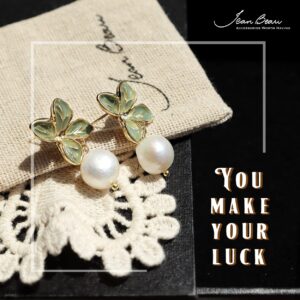 JeanBeau Enamel Green Four Leaf Stud Pearl Dangle Earrings for women Cute Dainty Wrinkled Kasumi White Freshwater Pearl Drop Dangling Spring Formal Jewelry Gift