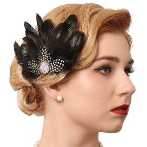 genbree flapper headpiece black feather hair clip rhinestone 1920s feather headbands prom party head accessories for women and girls (style 1)