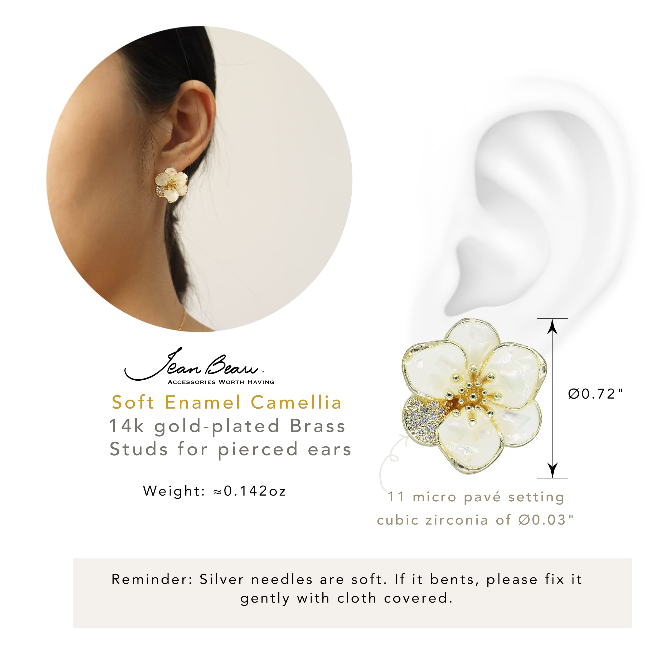 JeanBeau Large White Flower Stud Earrings for Women Enamel Pearl Flakes CZ Wallflower Earrings - Gold Cute Fun cherry blossom Floral Studs Hypoallergenic Jewelry Gifts