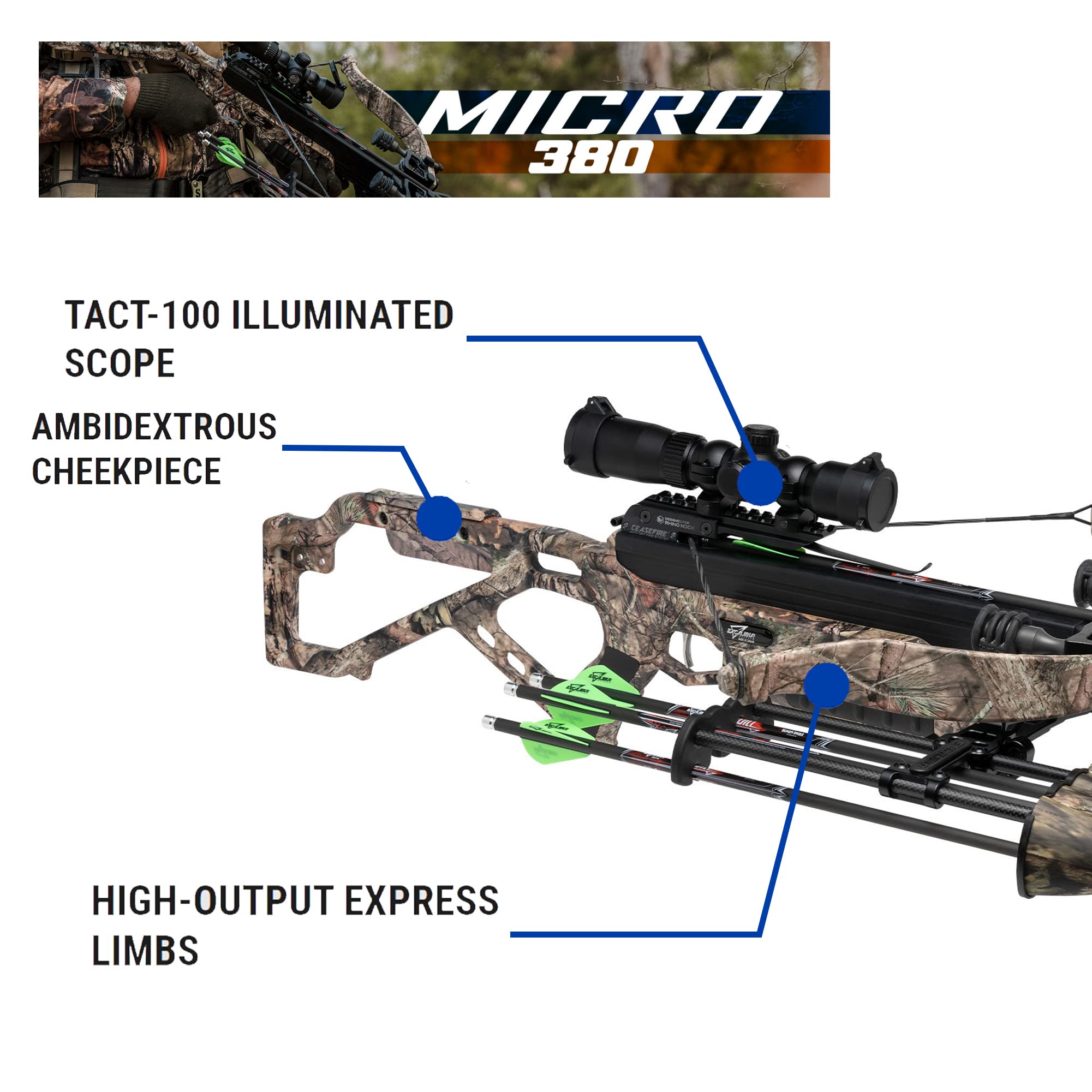 Excalibur Micro 380 Lightweight Compact Accurate Ambidextrous CeaseFire Safety Hunting Archery Crossbow, Mossy Oak Break-Up Country w/Tact-100 Illum Scope