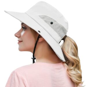 Womens Ponytail Sun Hat Outdoor UV Protection Foldable Floppy Bucket Hats Wide Brim Summer Beach Fishing Cap Pure Beige