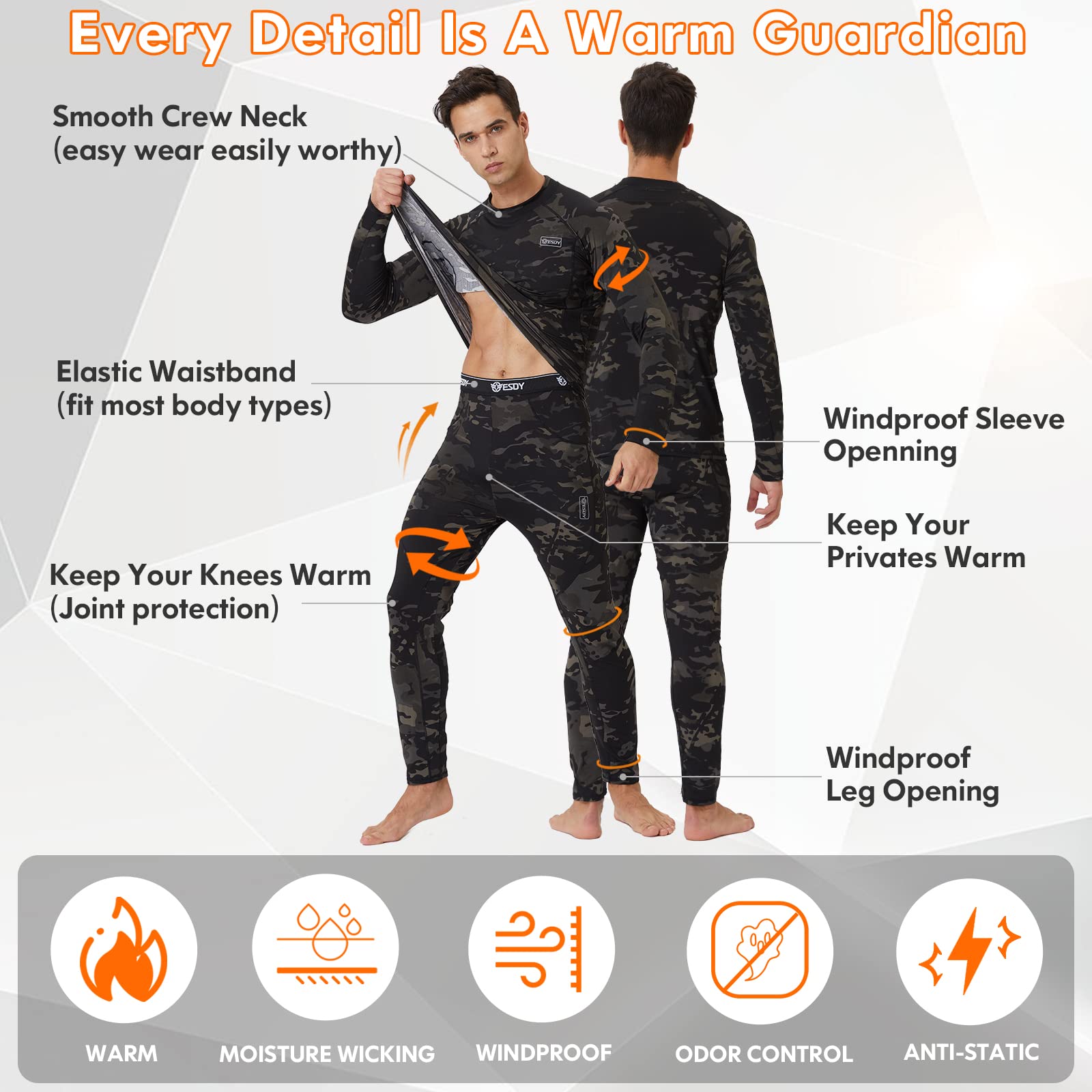 Long Underwear Mens-Long Johns for Men Winter Gear Fleece Base Layer Set Skiing Warm Top & Bottom