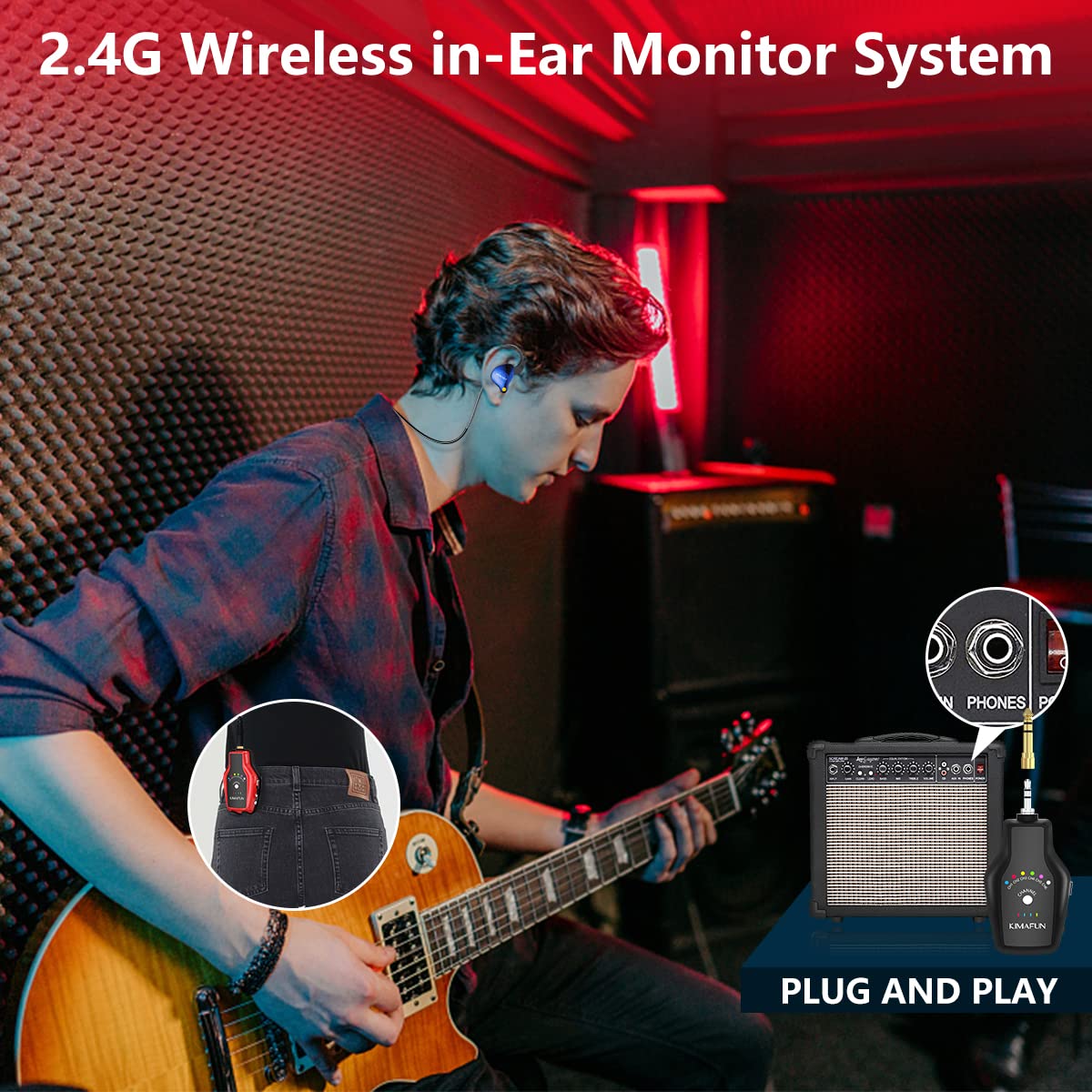 2.4G in Ear Monitor Wireless System 6 Channels Personal IEM for Studio,Rock Band Live Performance,Band Rehearsal,Guitar Amp,Bass Apm,DJ Equipment (US KM-G150-3)