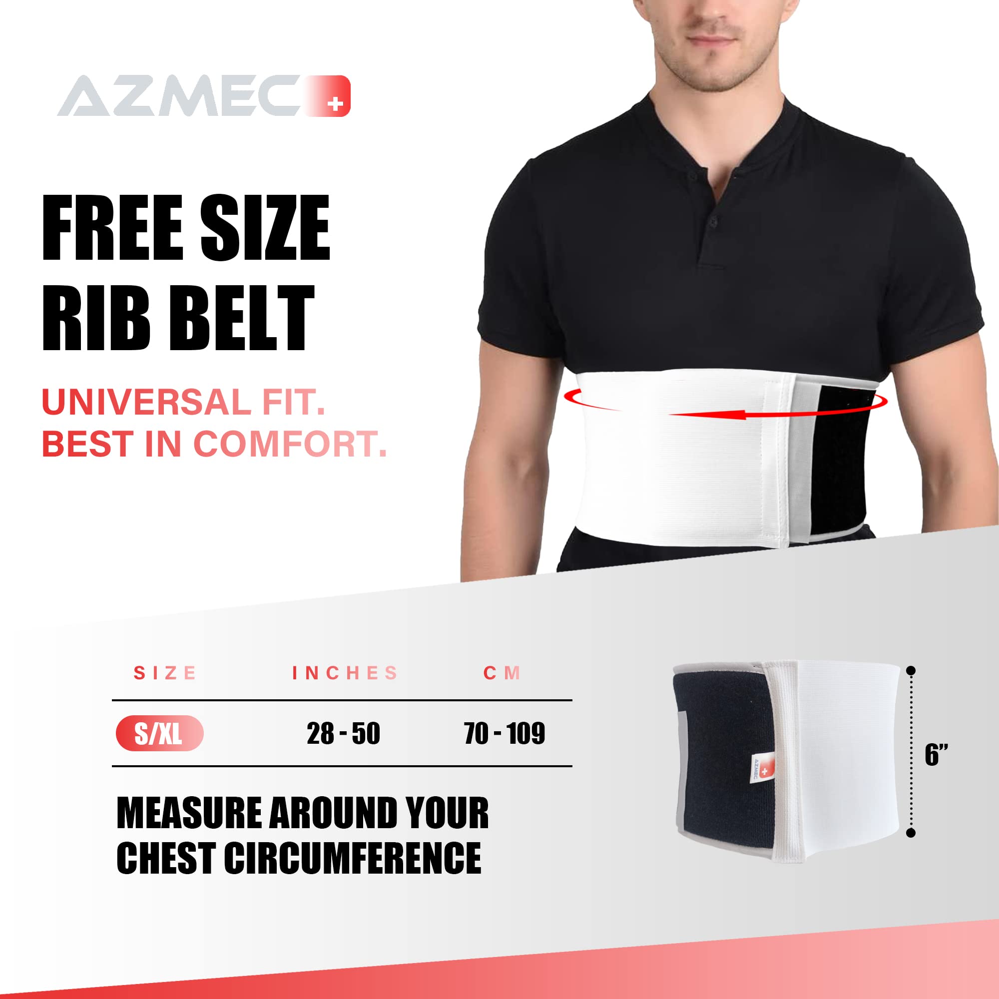 Azmec Rib Belt, 6" Elastic/Foam Chest Panel Universally Adjustable for Men, Rib Cage Protector, Wrap for Sore or Bruised Ribs, Support Sternum Injuries, Muscle Pain and Strain (Fits 26”- 50” Chest)