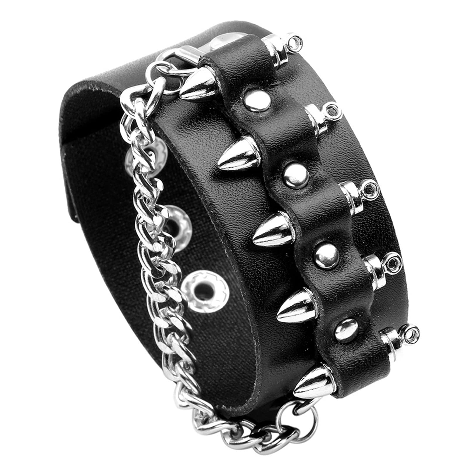 Fusamk Punk Rock Snap Bracelet Bullet Chain Wristband Wide Leather Cuff Bracelet(Black)