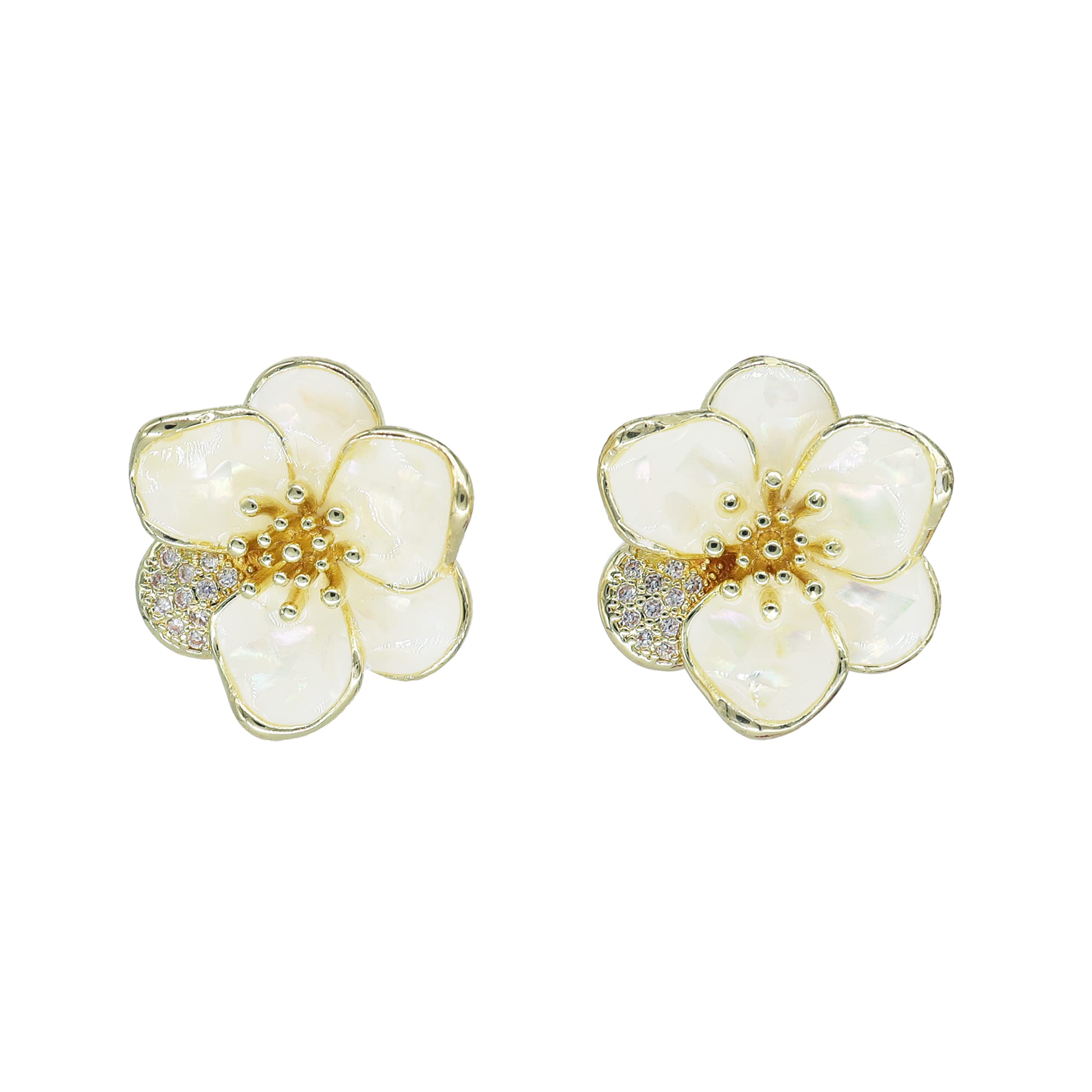 JeanBeau Large White Flower Stud Earrings for Women Enamel Pearl Flakes CZ Wallflower Earrings - Gold Cute Fun cherry blossom Floral Studs Hypoallergenic Jewelry Gifts