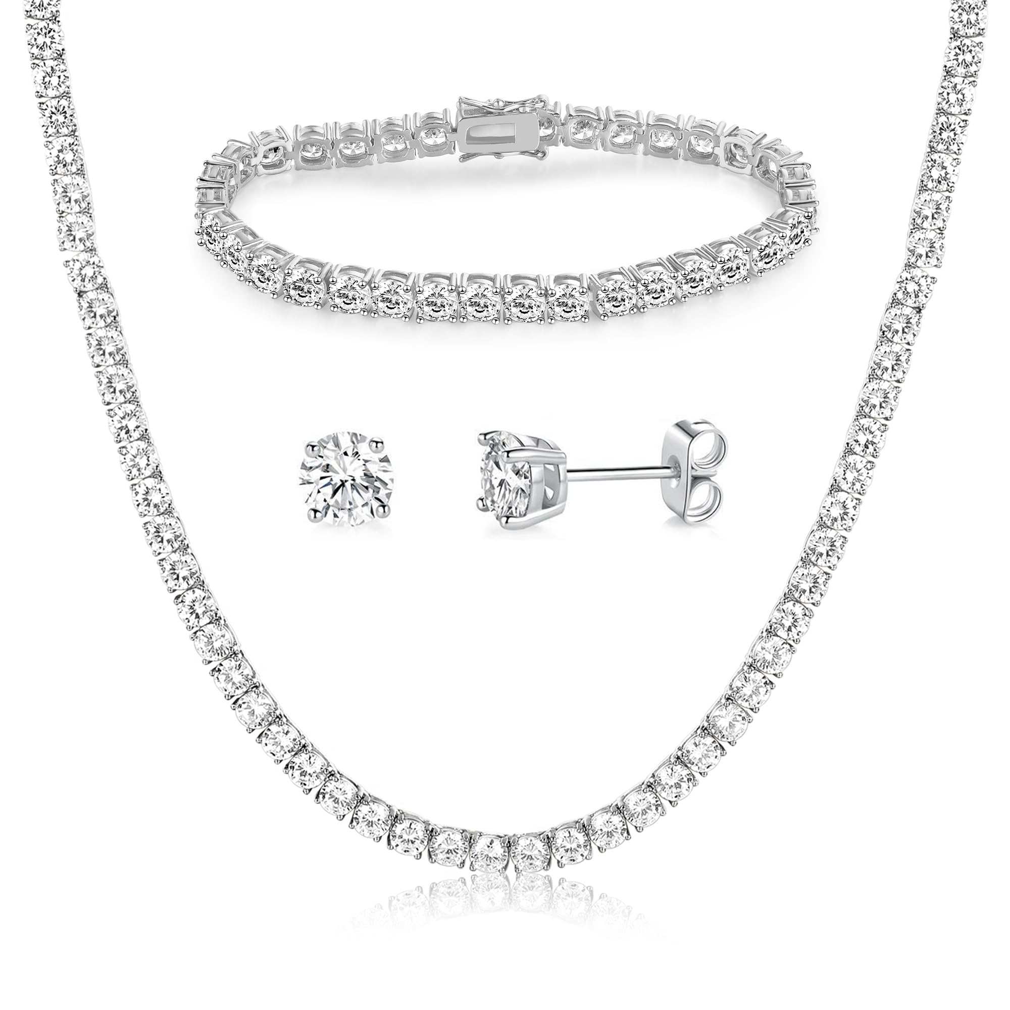 Gemsme 18K White Gold Plated 5mm Tennis Necklace/Bracelet/Earrings Sets Pack of 3