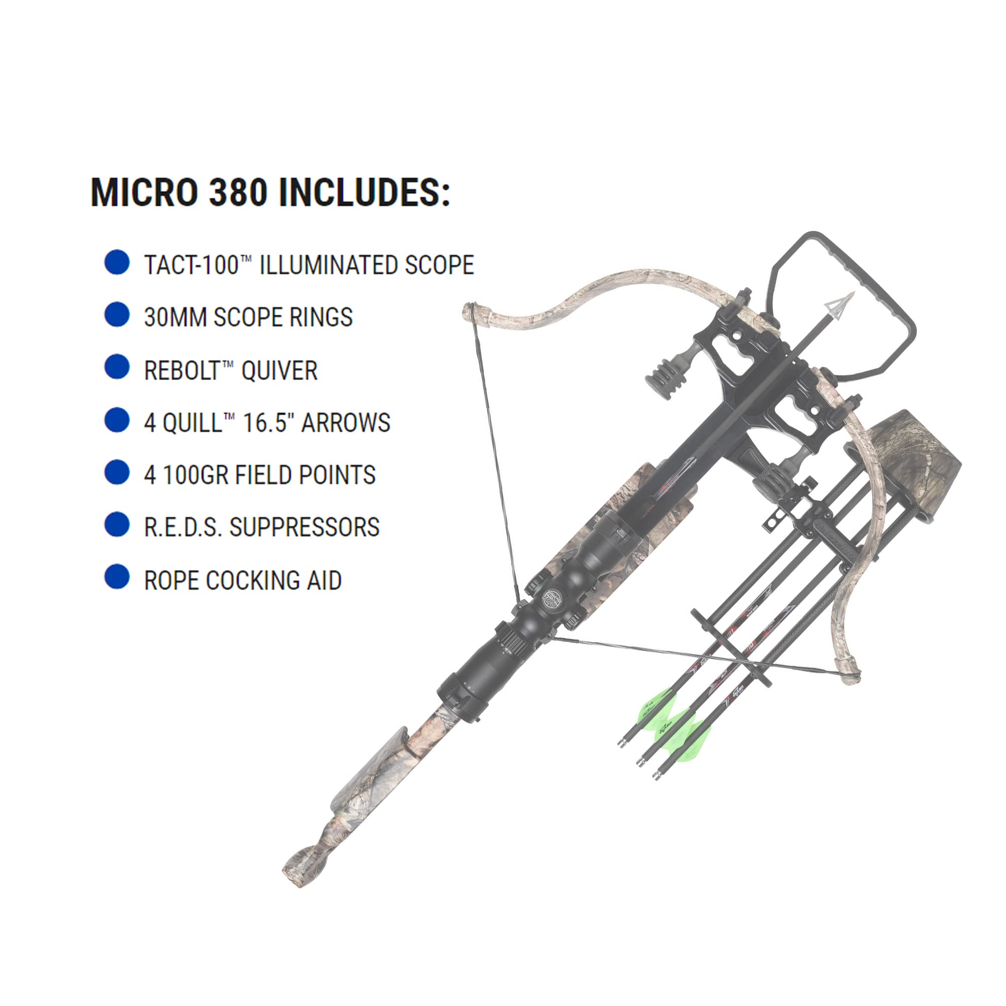 Excalibur Micro 380 Lightweight Compact Accurate Ambidextrous CeaseFire Safety Hunting Archery Crossbow, Mossy Oak Break-Up Country w/Tact-100 Illum Scope