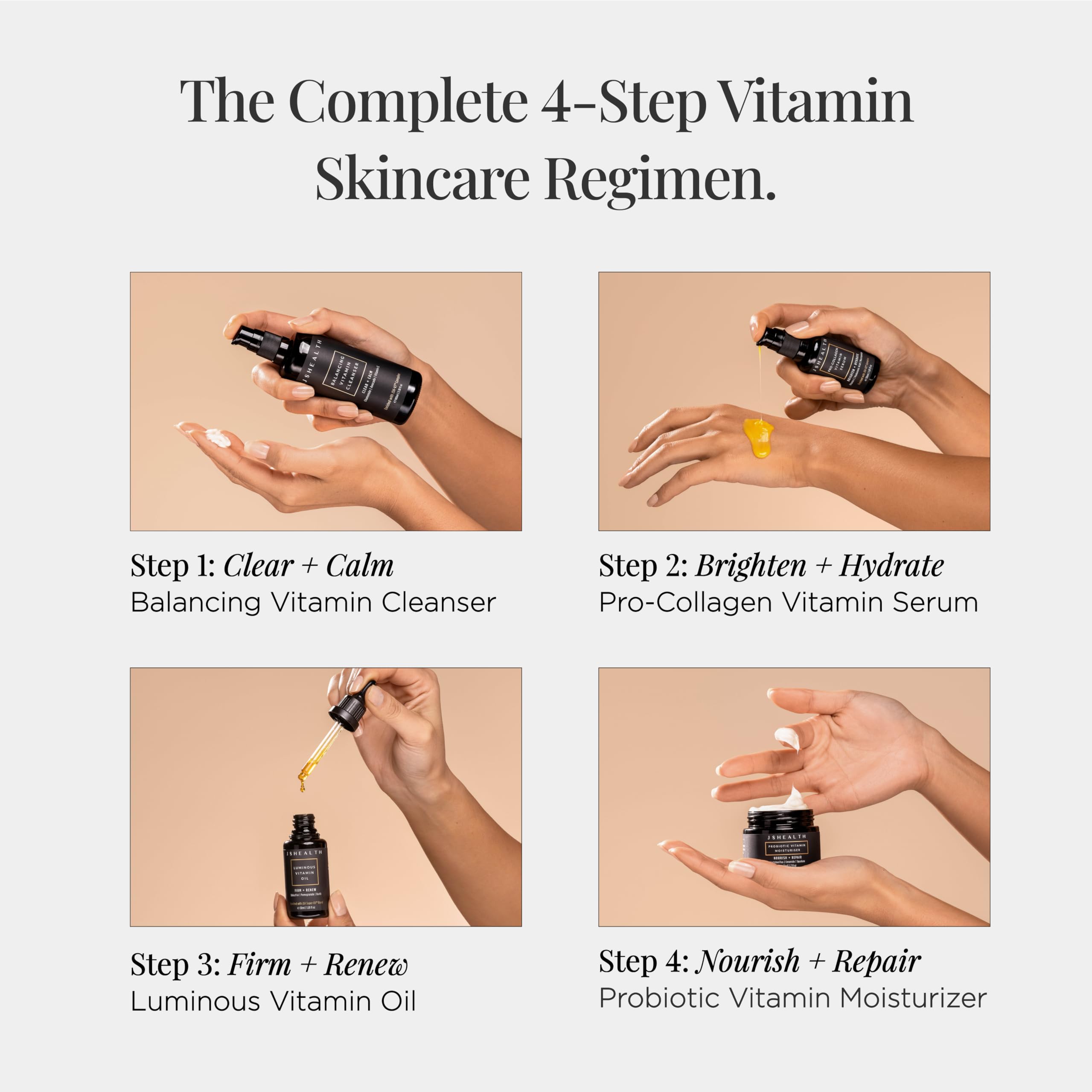 JSHealth 4-Step Vitamin Skincare System - Complete Skin Care Routine with Vitamin C Serum, Moisturizer, Face Oil, & Facial Cleanser